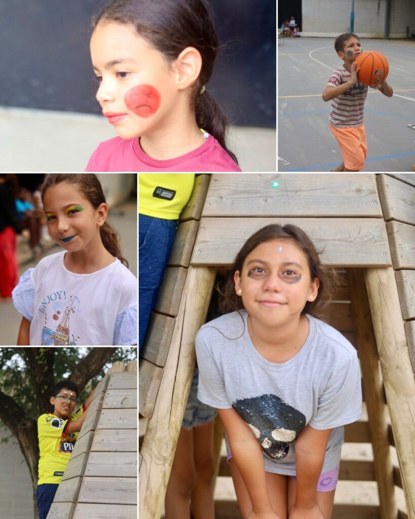 Collage del Casal d’estiu de Granollers amb nens i nenes jugant a bàsquet, pintant-se la cara i gaudint d’activitats de lleure i joc.
