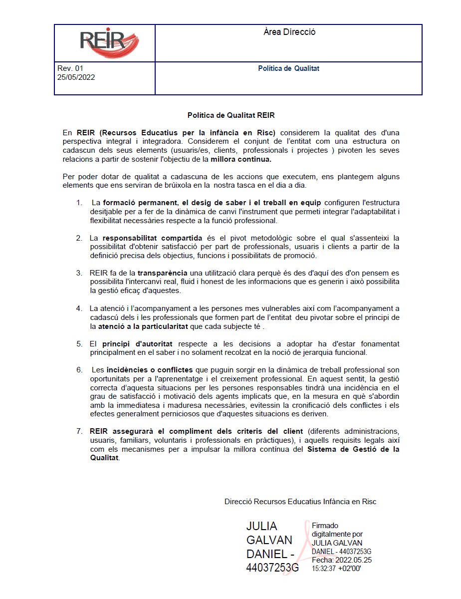 politica qualitat reir